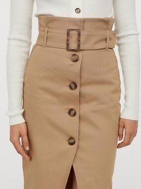 H&M Cotton Blend High Waist Slim Fit Belted Pencil Skirt sz